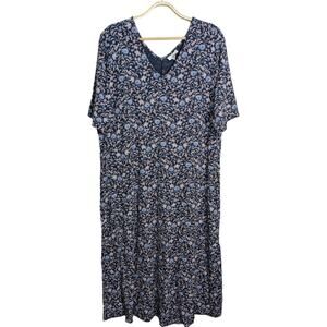J. Jill Floral Shift Dress XL Tall XLT Blue V Neck Short Sleeve Pockets Casual